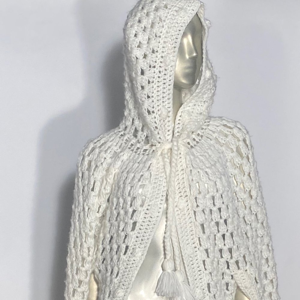 Off White Crochet Large Hooded Cape Fringe Ends